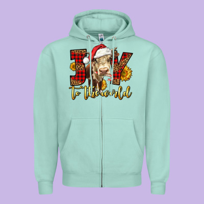 Joy To The World Christmas Cow Zipper Hoodie Designed By Lillyallendesigns