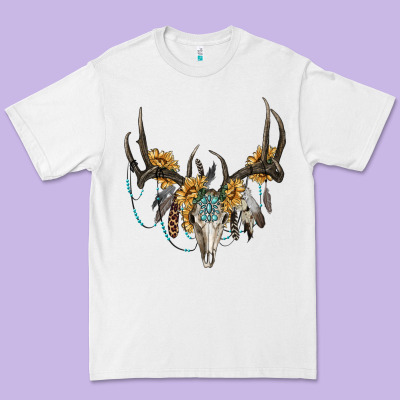 Boho Deer Skull Sunflowers And Gemstone Premium Tee Designed By Ranaportraitstore