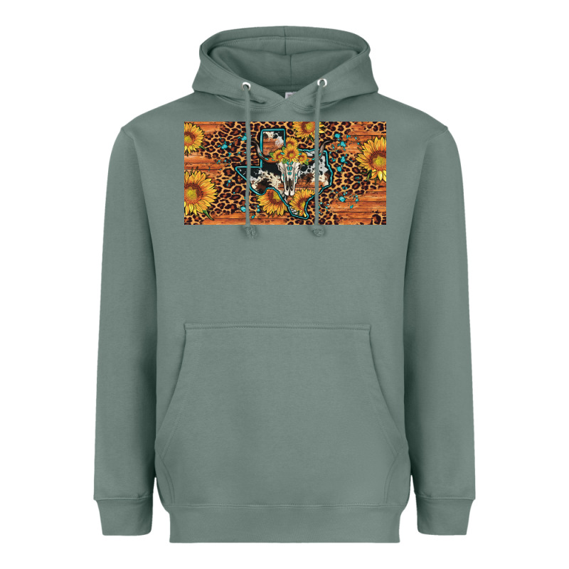 Texas Map Bull Skull Sunflower Leopard Licence Plate Heavyweight Hoodie by Artiststas | Teevron