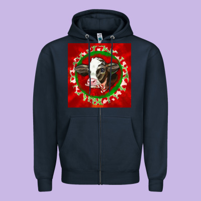 Christmas Holstein Calf Face Zipper Hoodie Designed By Lillyallendesigns