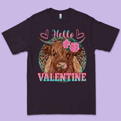 Hello Valentine Highland Cow Premium Tee Designed By Ranaportraitstore