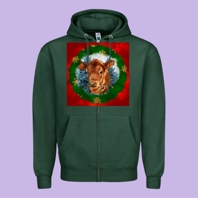 Christmas Red Angus Calf Head Zipper Hoodie Designed By Lillyallendesigns