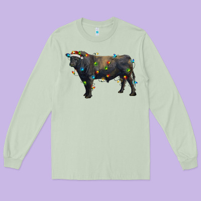 Christmas Black Angus Bull With Christmas Lights Long Sleeve Tee Designed By Ranaportraitstore