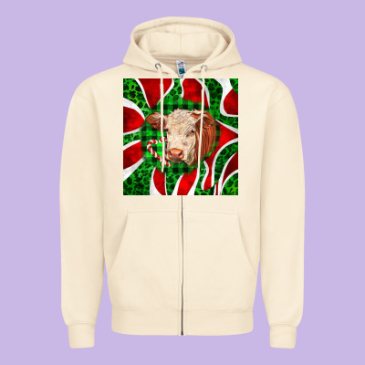 Christmas Hereford Cow Face Zipper Hoodie Designed By Lillyallendesigns