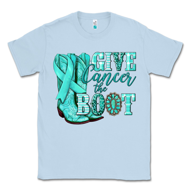 Give Cancer The Boot Ovarian Cancer Teal Ribbon Classic Tee by NancyCooperArtShop | Teevron