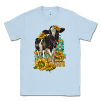 Dusty Blue Sunflowers Cow Classic Tee - texasbilliewilder