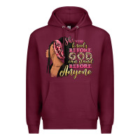 Burgundy She who kneels before god can stand before anyone Premium Hoodie - RanaPortraitStore