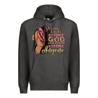 Charcoal Heather She who kneels before god can stand before anyone Premium Hoodie - RanaPortraitStore