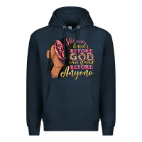 Navy She who kneels before god can stand before anyone Premium Hoodie - RanaPortraitStore