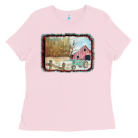 Bubblegum Pink Christmas Barn Tractor Snow Ladies Tee - Bettercallsaul
