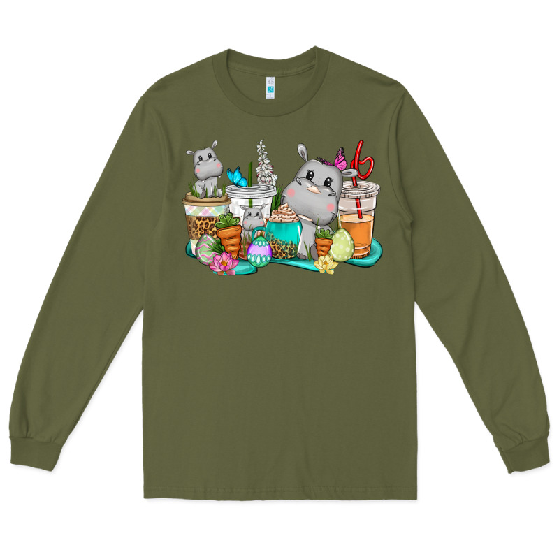 Easter Hippopotamus Coffee Cups Easter Day Long Sleeve Tee by CowGirlArtShop | Teevron