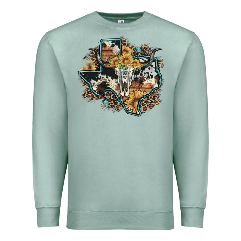 Bull Skull Leopard Cowhide Sunflower Texas Map Premium Sweatshirt by Artiststas | Teevron
