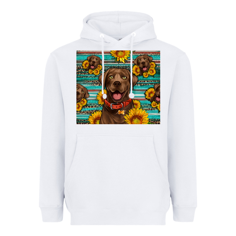 Chocolate Labrador With Sunflowers Western Heavyweight Hoodie by Artiststas | Teevron