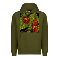 Army Green african masks and monstera leaf seamless pattern Premium Hoodie - BundleAndBundleShop