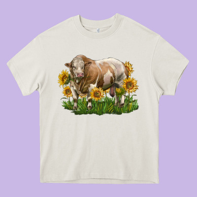 Simmental Bull With Sunflowers Heavy Core Tee Designed By Lillyallendesigns