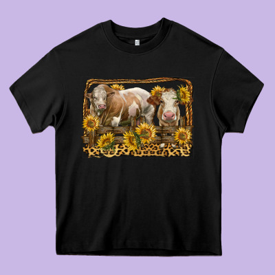 Simmental Bull And Heifer With Sunflowers Heavy Core Tee Designed By Lillyallendesigns