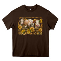 Chocolate Brown simmental bull and heifer with sunflowers Heavy Core Tee - LillyAllenDesigns