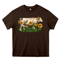Chocolate Brown charolais cow with sunflower Heavy Core Tee - LillyAllenDesigns