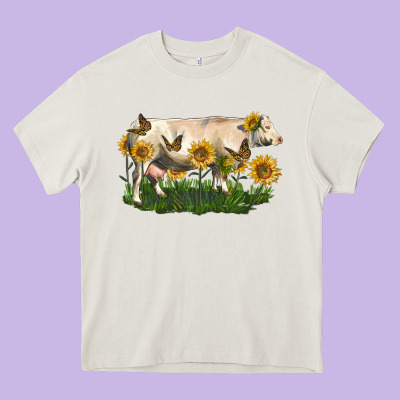 Charolais Cow With Sunflower Heavy Core Tee Designed By Lillyallendesigns