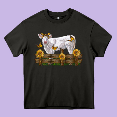 Charolais Calf With Sunflowers Heavy Core Tee Designed By Lillyallendesigns