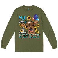 Army Green My first Birthday baby cow sunflower Long Sleeve Tee - HowdyJamesFarm