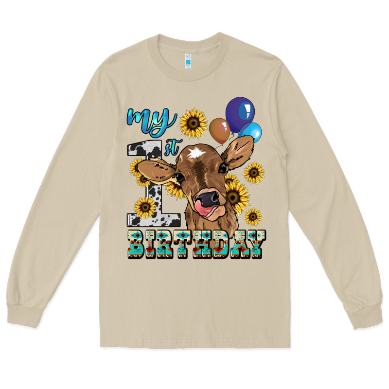 My First Birthday Baby Cow Sunflower Long Sleeve Tee by HowdyJamesFarm | Teevron