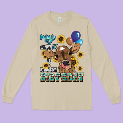 My First Birthday Baby Cow Sunflower Long Sleeve Tee Designed By Howdyjamesfarm