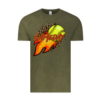 Vintage Olive Softball game day leopard fire and ball Vintage Tee - HowdyJamesFarm