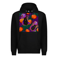 Black witchy cat and pumpkins seamless paternal Premium Hoodie - BundleAndBundleShop