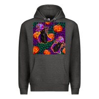 Charcoal Heather witchy cat and pumpkins seamless paternal Premium Hoodie - BundleAndBundleShop