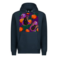 Navy witchy cat and pumpkins seamless paternal Premium Hoodie - BundleAndBundleShop