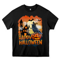 Black Happy Halloween With Crow Heavy Core Tee - LillyAllenDesigns