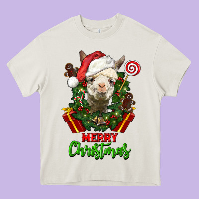 Merry Christmas Alpaca Face Heavy Core Tee Designed By Lillyallendesigns