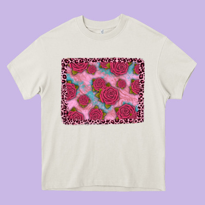 Pink Rose Leopard Background Heavy Core Tee Designed By Jahusdesignshop