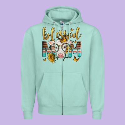 Western Blessed Mom Baby Calf Mother's Day Zipper Hoodie Designed By Lillyallendesigns