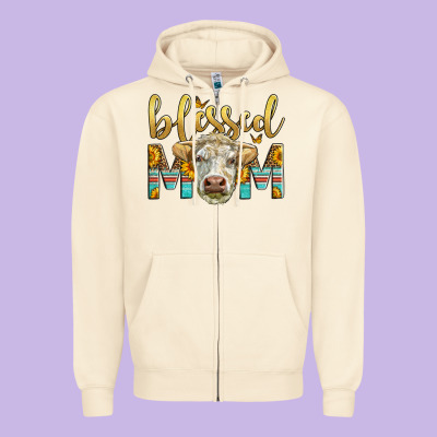 Western Blessed Mom Charolais Bull Mother's Day Zipper Hoodie Designed By Lillyallendesigns