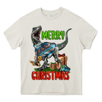 Cream merry christmas velociraptor Heavy Core Tee - LillyAllenDesigns