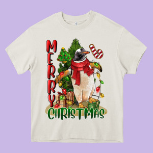 Merry Christmas Penguin Heavy Core Tee Designed By Lillyallendesigns