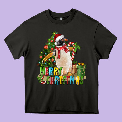 Merry Christmas Penguin Heavy Core Tee Designed By Lillyallendesigns