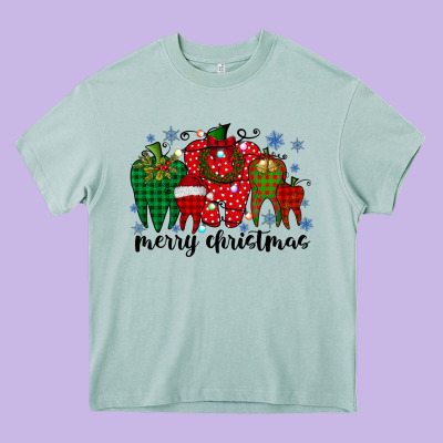 Merry Christmas Tooth Heavy Core Tee Designed By Racoondesign