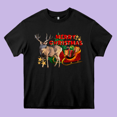 Merry Christmas Deer Heavy Core Tee Designed By Lillyallendesigns