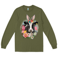 Army Green Happy Easter Cow Easter Day Long Sleeve Tee - CowGirlArtShop
