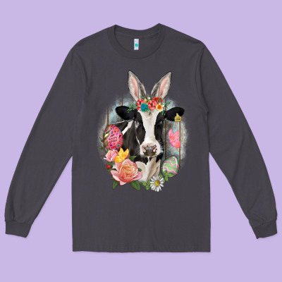 Happy Easter Cow Easter Day Long Sleeve Tee Designed By Cowgirlartshop