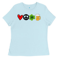 Baby Blue Funny St Patricks Day Love Peace Clover and Beer Ladies Tee - Bettercallsaul