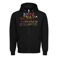 Black happy hallothanksmas Zipper Hoodie - SublimationCraftShop