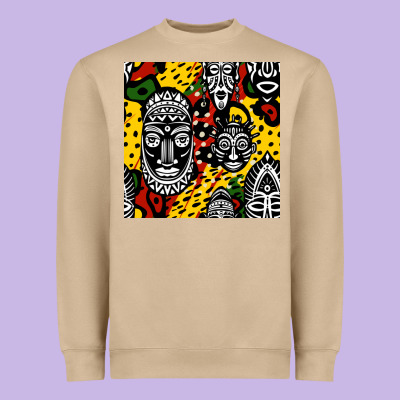 African Masks Colorful Seamless Pattern Heavyweight Sweatshirt Designed By Bundleandbundleshop