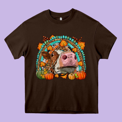 Fall Cow Rainbow Heavy Core Tee Designed By Lillyallendesigns