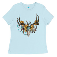 Baby Blue boho deer skull sunflowers and gemstone Ladies Tee - RanaPortraitStore