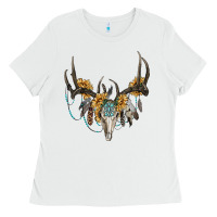 White boho deer skull sunflowers and gemstone Ladies Tee - RanaPortraitStore