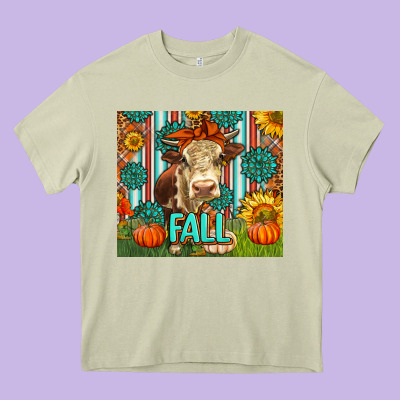 Western Fall Cow Heavy Core Tee Designed By Lillyallendesigns
